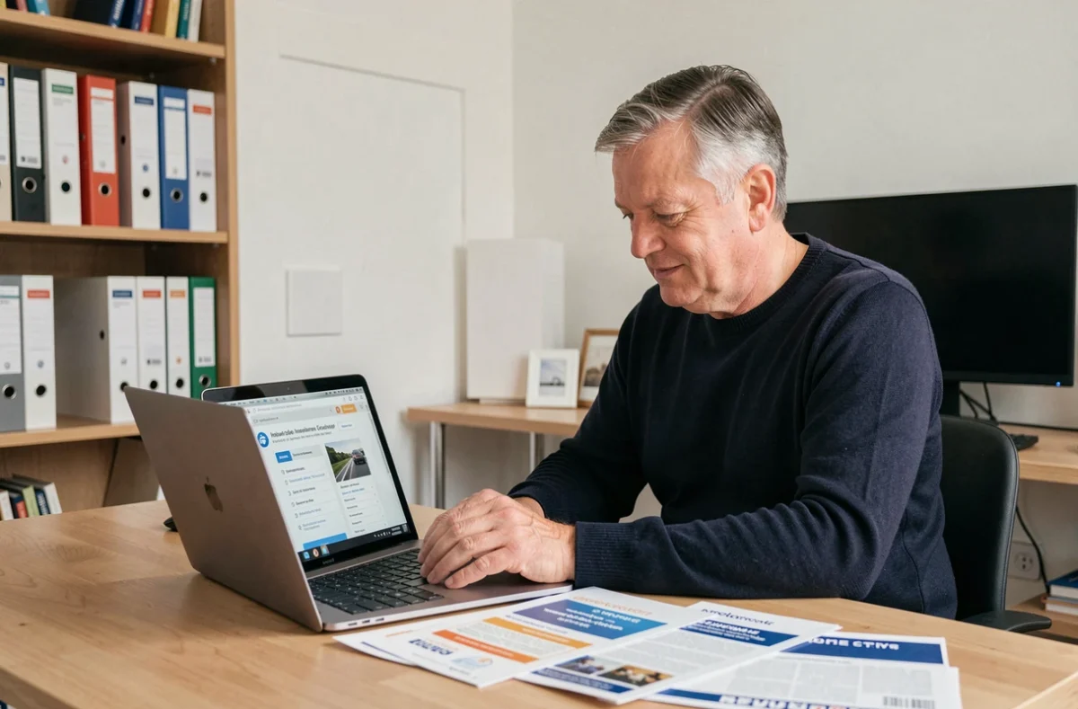 Homme comparant des offres d'assurance habitation en ligne dans un bureau à domicile