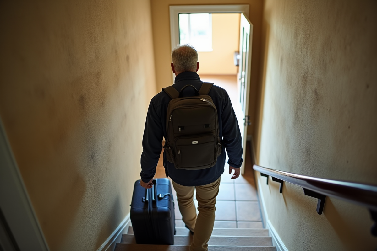 Homme portant sac et valise dans un couloir d