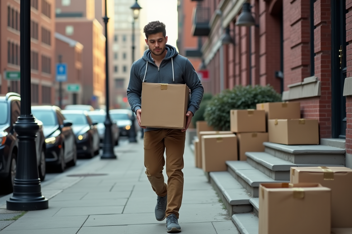 Jeune homme portant une caisse dans une rue urbaine