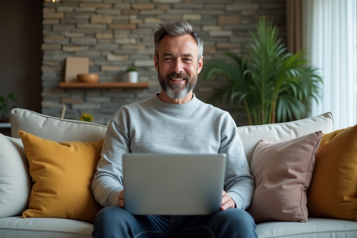 Homme en salon discutant avec conseiller bancaire sur son ordinateur