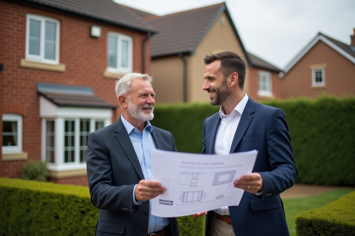 Homme et conseiller discutent plans de maison
