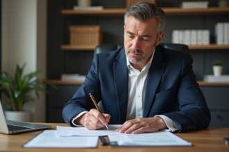 Homme d affaires concentré remplissant ses formulaires fiscaux