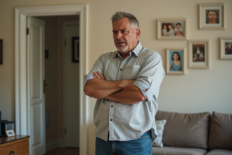 Homme d'âge moyen frustré dans un salon lumineux