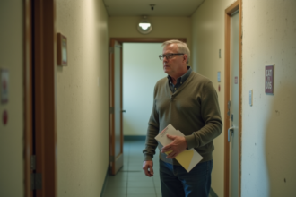 Homme d'âge moyen dans un couloir d'immeuble résidentiel