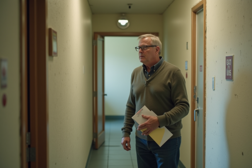 Homme d'âge moyen dans un couloir d'immeuble résidentiel