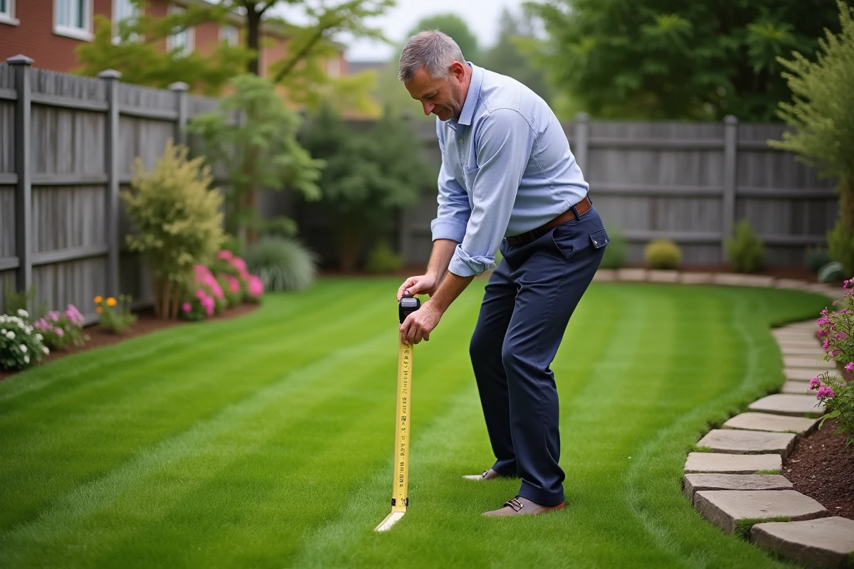 Homme mesurant une pelouse dans un jardin en extérieur