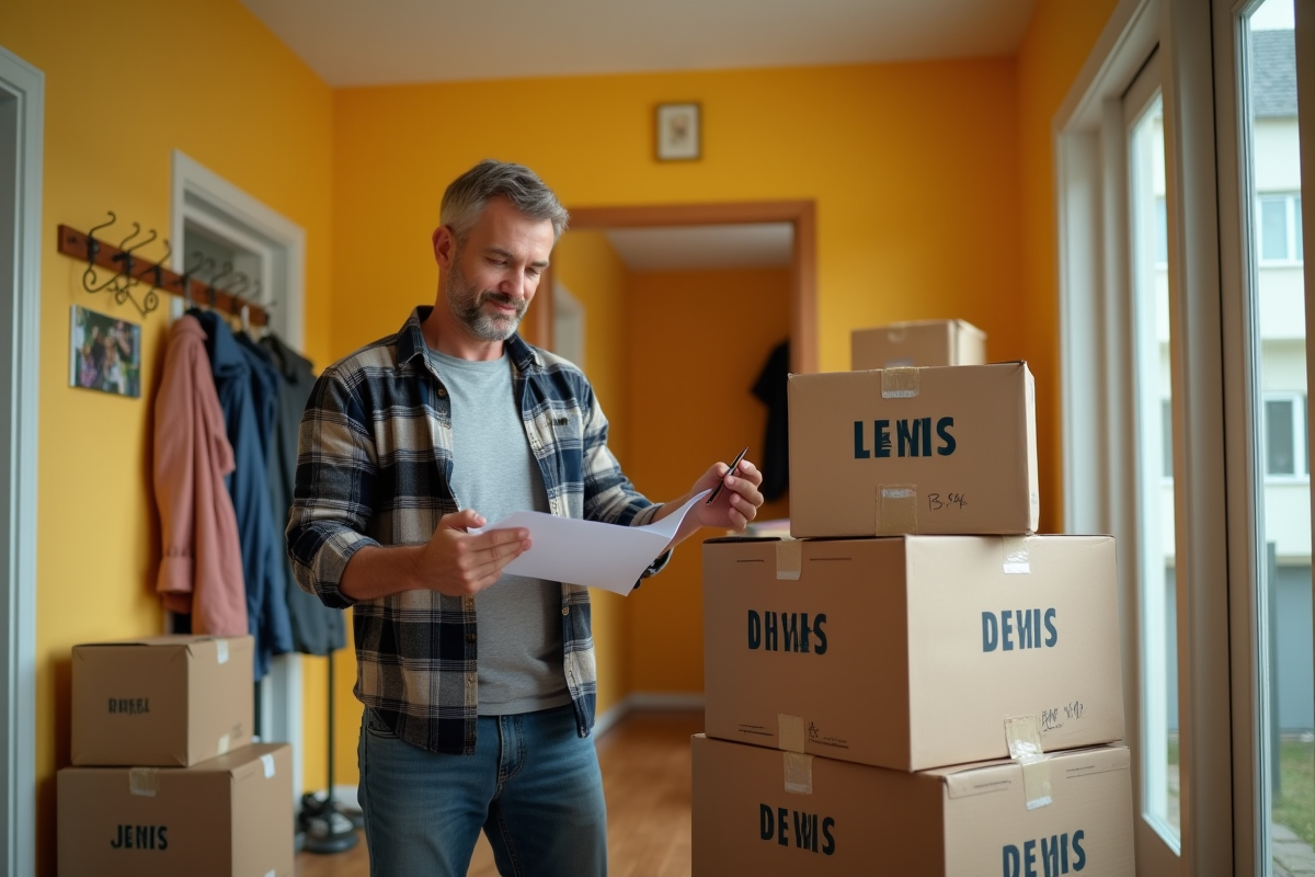 Homme écrivant des étiquettes sur des cartons dans un couloir