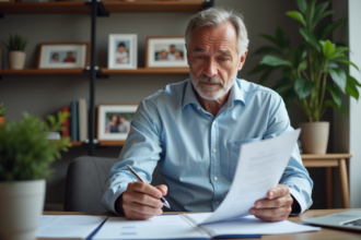 Homme d'âge moyen étudiant des documents de prêt immobilier