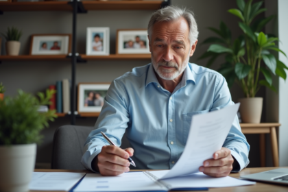 Homme d'âge moyen étudiant des documents de prêt immobilier