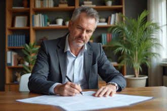 Homme d'âge moyen lisant documents d'impots dans un bureau moderne