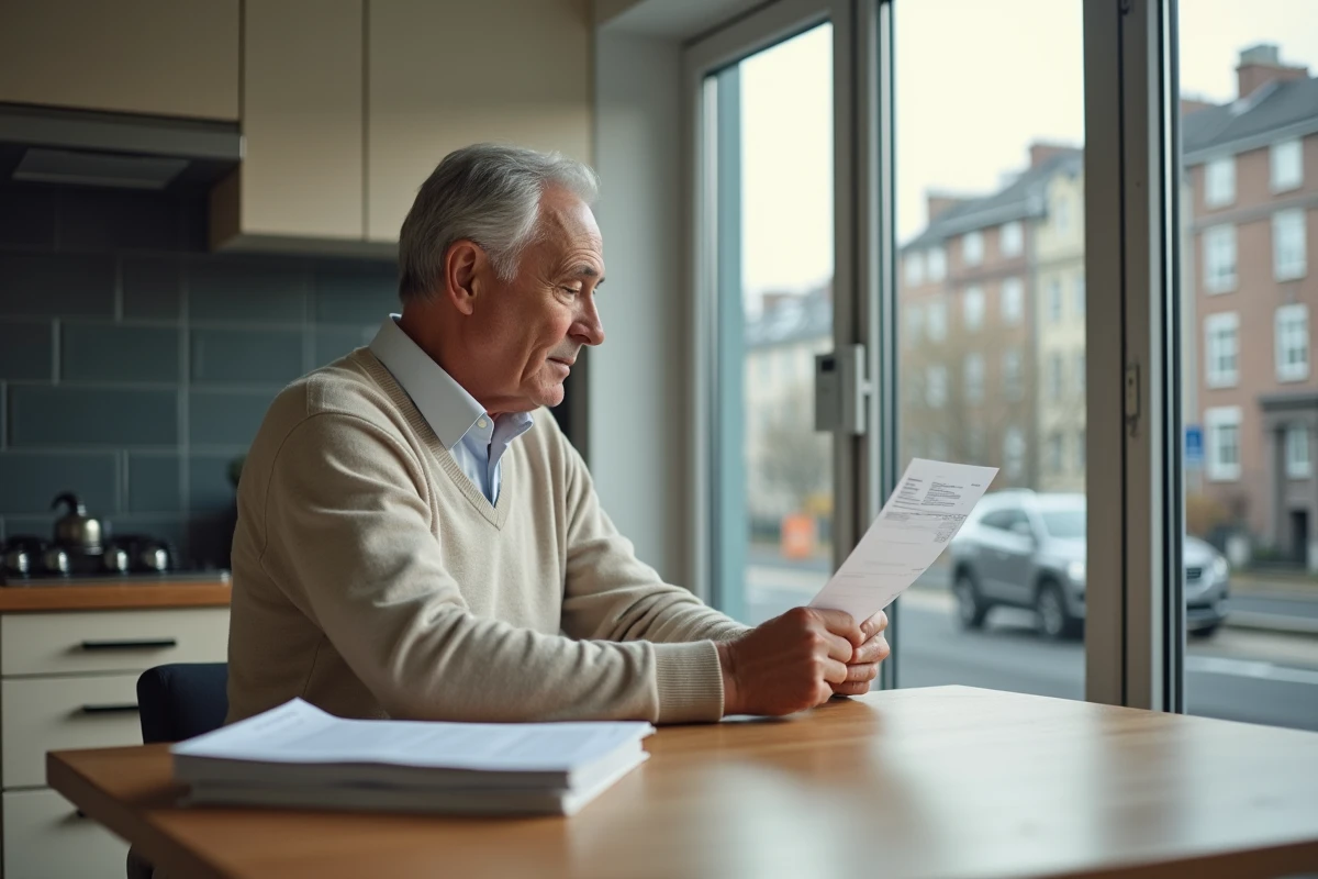 Homme senior examinant une lettre dans sa cuisine