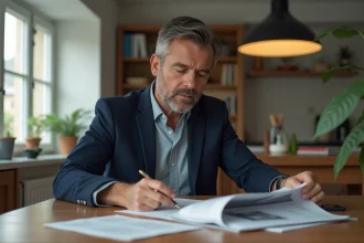 Homme en blazer lisant des notes à la maison