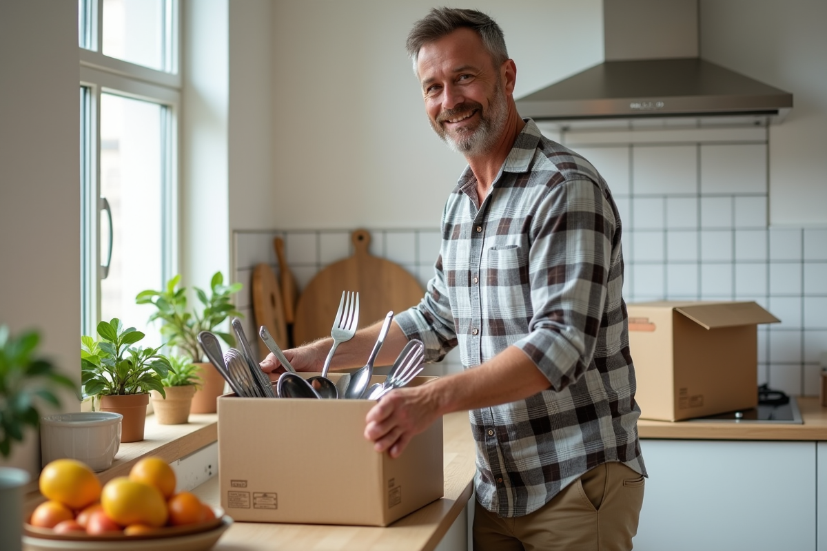 Homme emballant des ustensiles de cuisine dans une cuisine lumineuse
