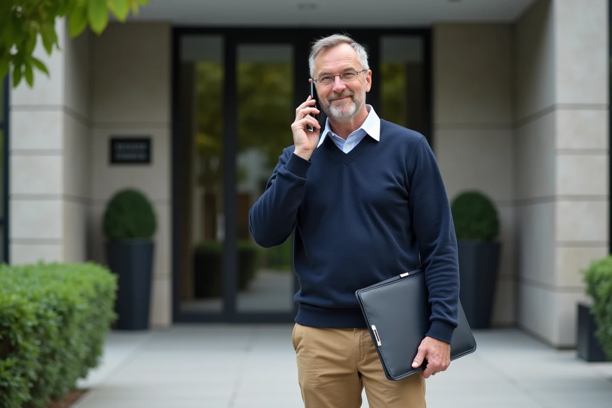 Homme en extérieur parlant au téléphone devant un bâtiment officiel