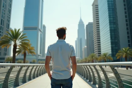 Homme regardant la tour Almas à Dubai lors d'une promenade