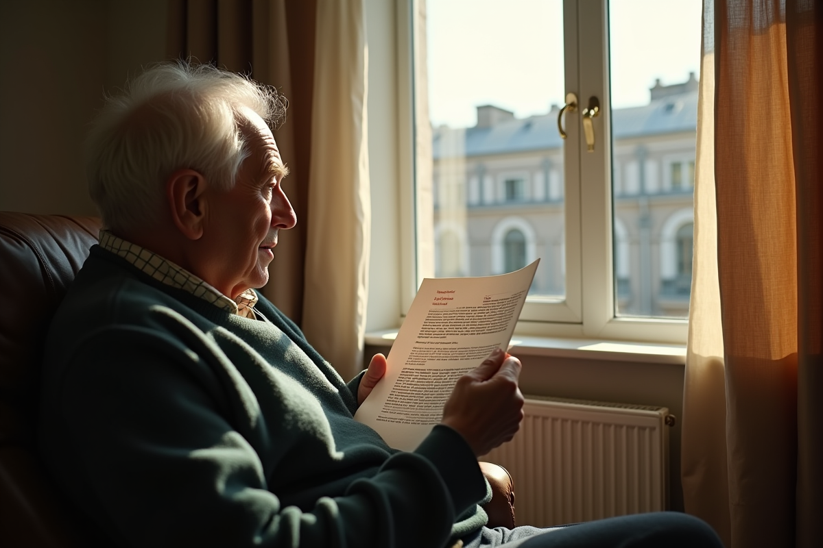 Homme regardant lettre de rejet aide logement dans son appartement