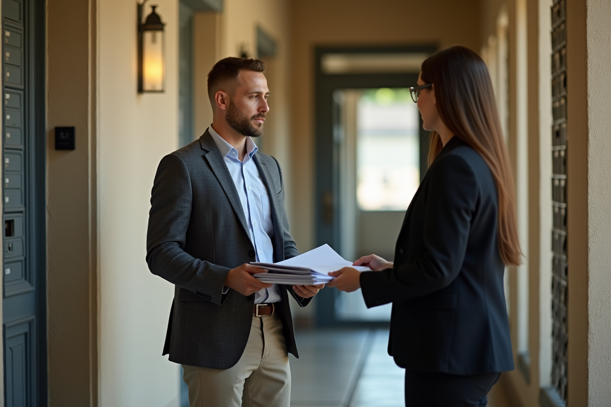 Homme en blazer remet un dossier à un agent d
