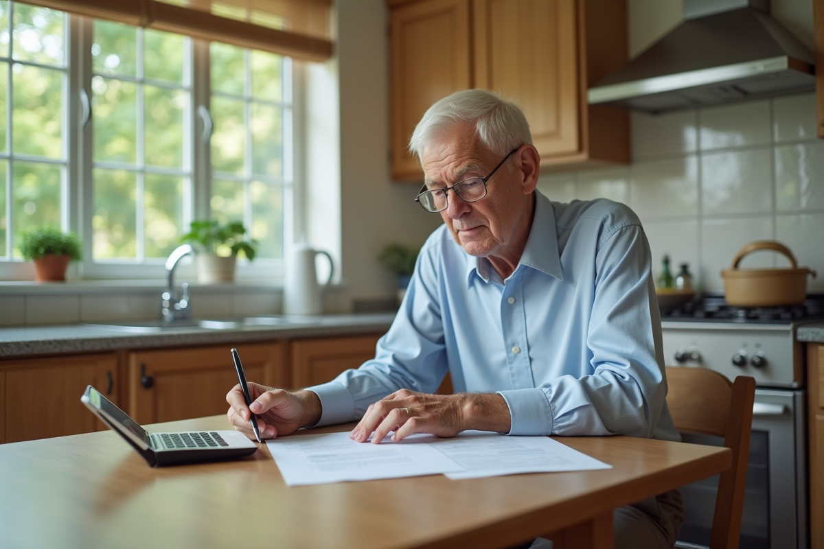 Homme âgé examinant des papiers à la cuisine lumineuse
