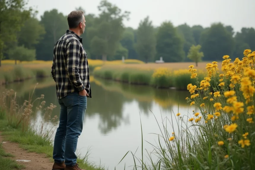 Homme d'âge moyen observant un étang paisible en pleine nature
