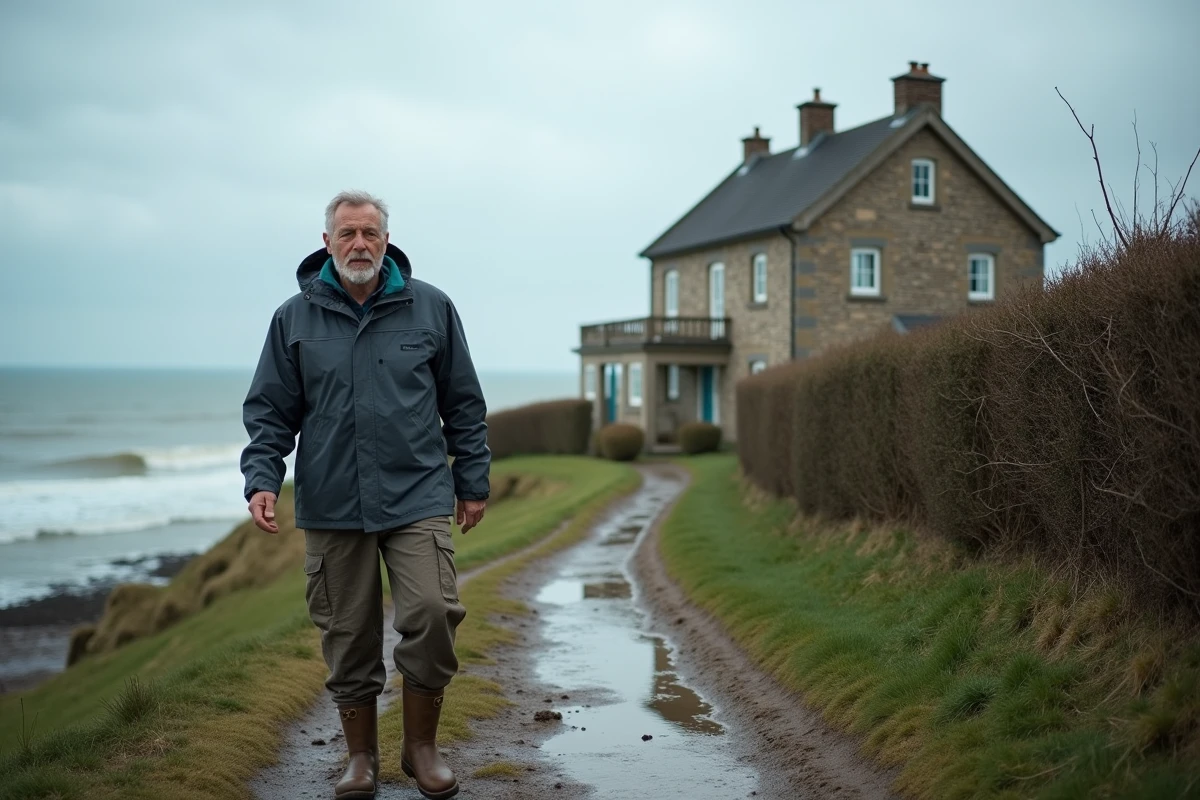 Homme marchant sur un sentier côtier normand en hiver devant une maison à colombages avec vue mer