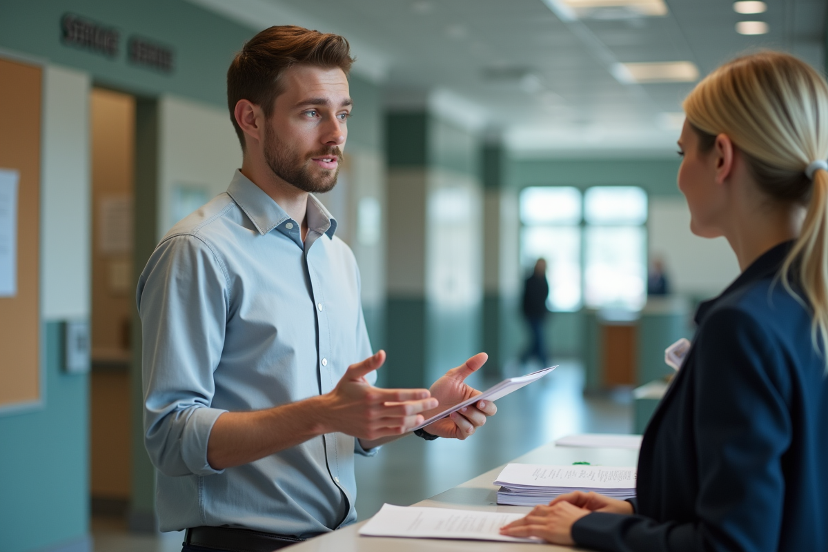 Jeune homme parlant avec une réceptionniste dans un bureau administratif
