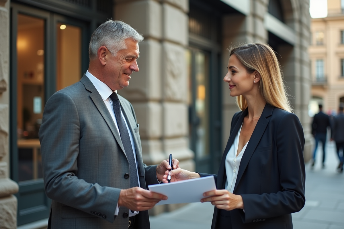 Homme remettant documents immobiliers à une conseillère