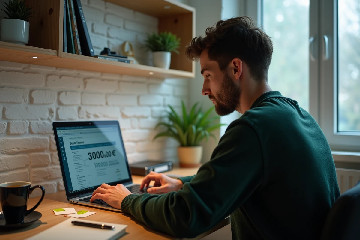 Homme seul simulant un emprunt immobilier de 200 000 euros sur ordinateur portable dans un bureau à domicile