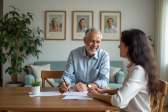Homme souriant avec agent immobilier lors d'une réunion