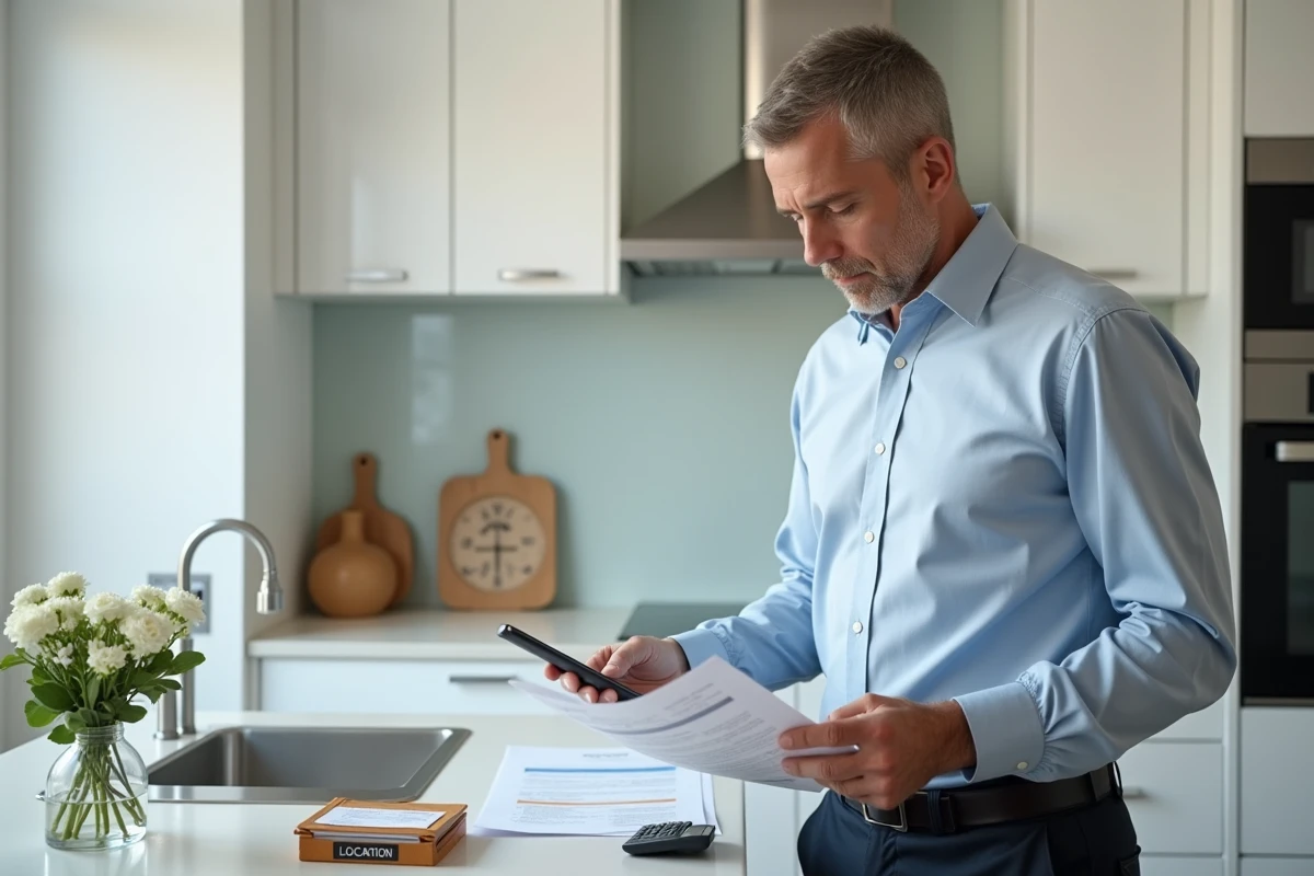 Homme vérifiant ses documents de location dans la cuisine