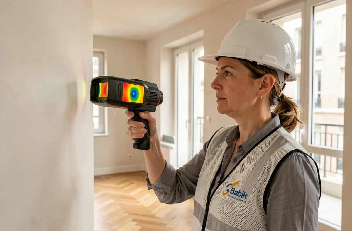 Diagnostiqueure IDEO Diagnostics utilisant une caméra thermique dans un appartement moderne