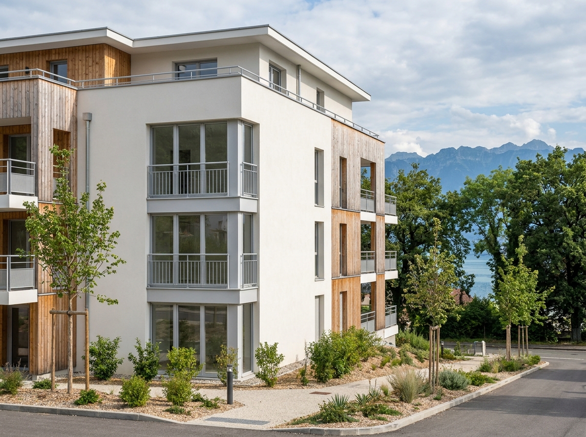Immeuble résidentiel neuf à Thonon-les-Bains avec vue sur le lac Léman et les montagnes alpines en arrière-plan