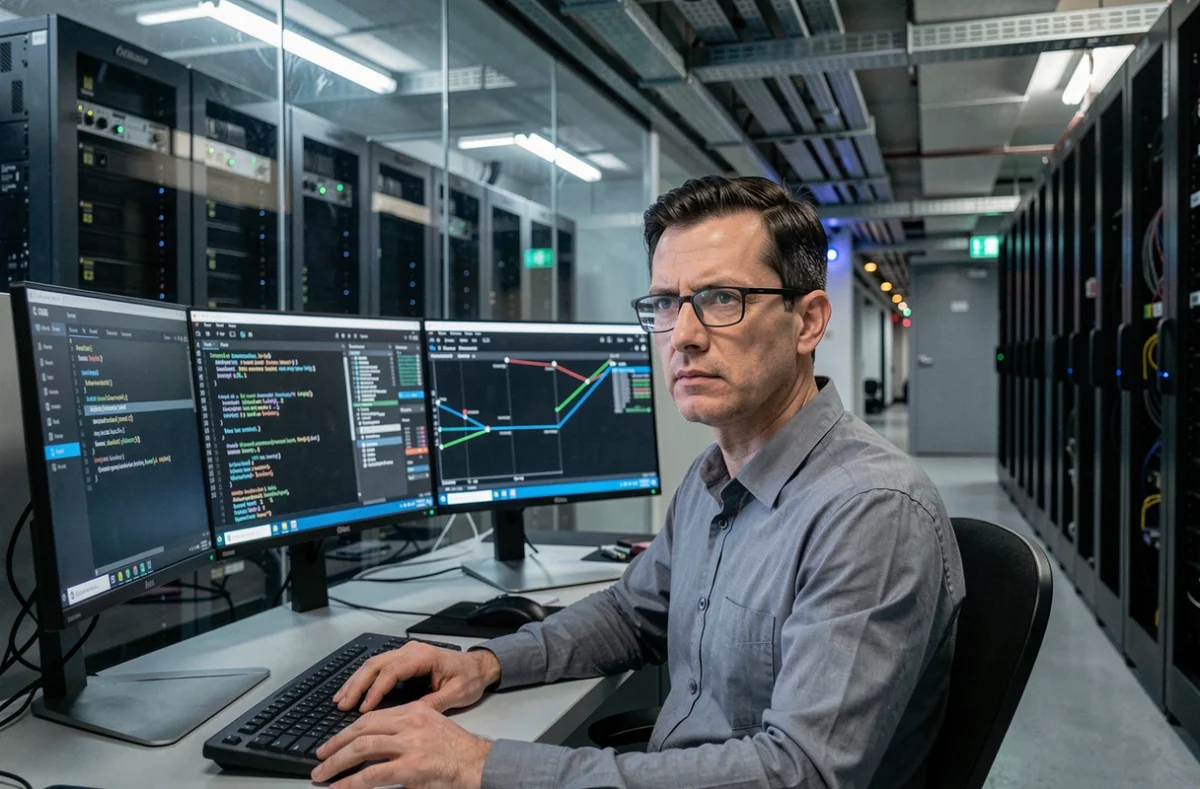 Ingénieur informatique travaillant sur la supervision réseau devant une salle de serveurs dans le cadre de la transformation digitale de la DSI