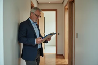 Inspecteur immobilier vérifiant un dossier dans un appartement