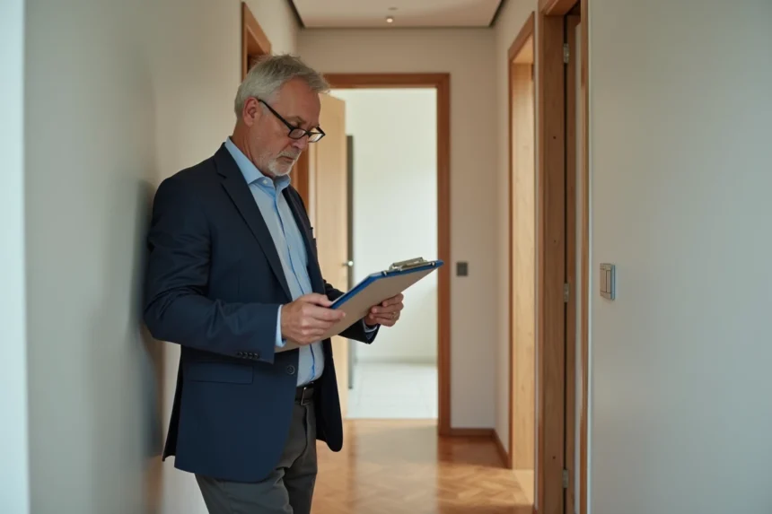 Inspecteur immobilier vérifiant un dossier dans un appartement