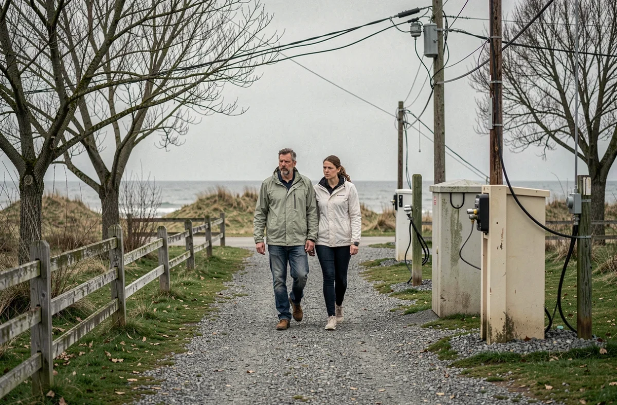 Couple inspectant les infrastructures vieillissantes d'un camping en bord de mer hors saison avant reprise