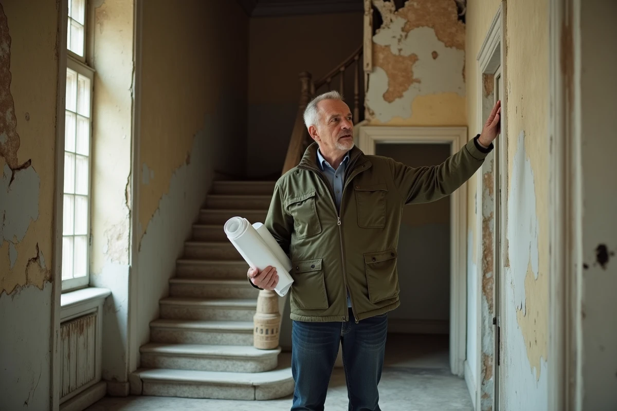 Acquéreur potentiel inspectant l'intérieur délabré d'un manoir à rénover avec plans architecturaux sous le bras