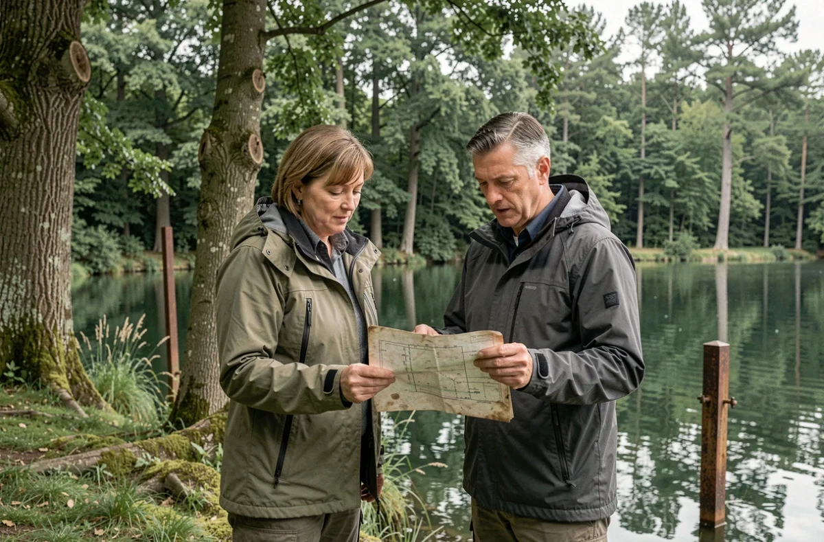 Deux propriétaires inspectant les limites foncières d'un lac privé en forêt française avec un plan cadastral
