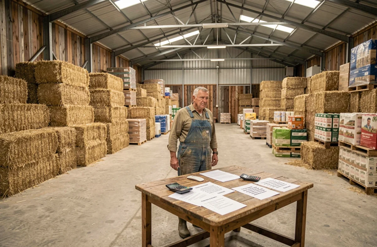 Intérieur d'un hangar agricole avec un agriculteur consultant un devis de construction posé sur une table en bois entourée de bottes de foin