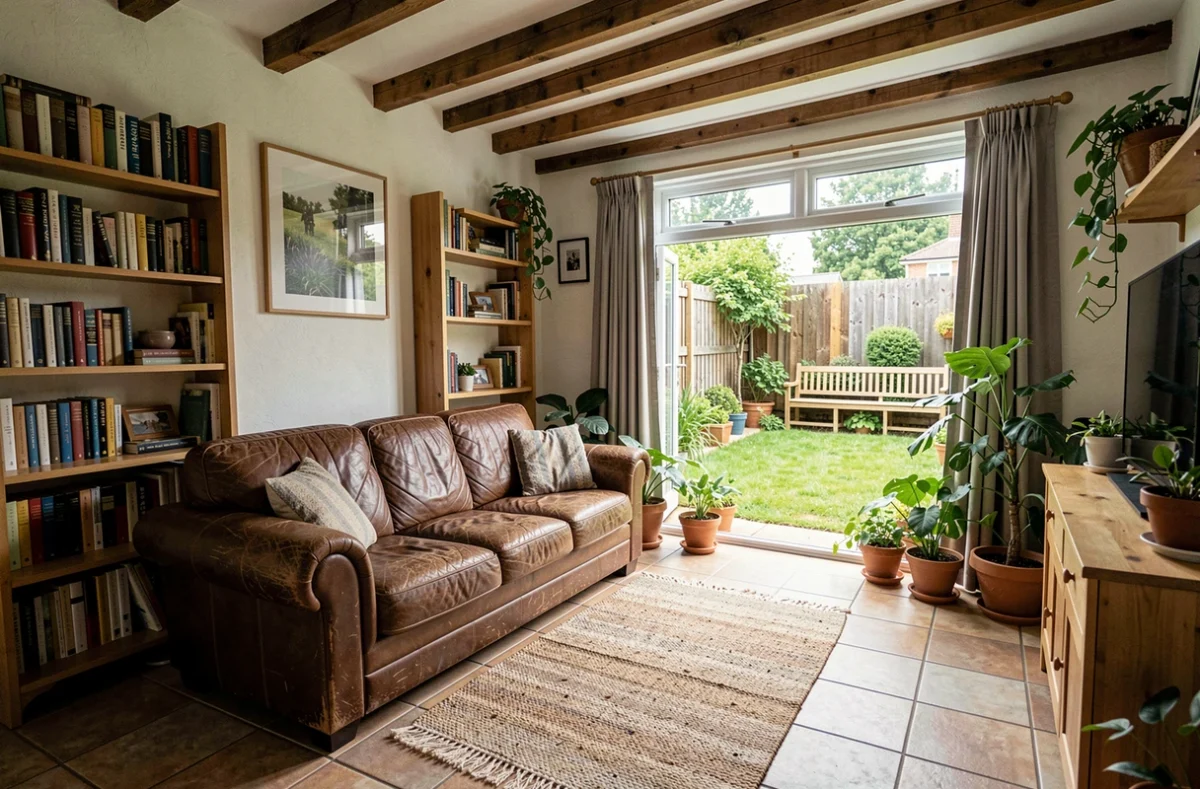 Intérieur d'une petite maison en colocation avec vue sur un jardin privé