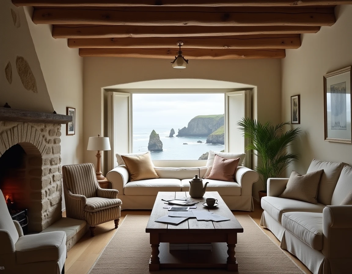 Intérieur d'un cottage normand avec vue mer depuis la fenêtre et documents immobiliers sur la table