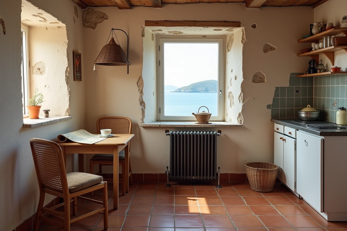 Intérieur rustique d'une maison de pêcheur méditerranéenne avec sol en tomettes, murs en pierre et vue sur la mer par une petite fenêtre
