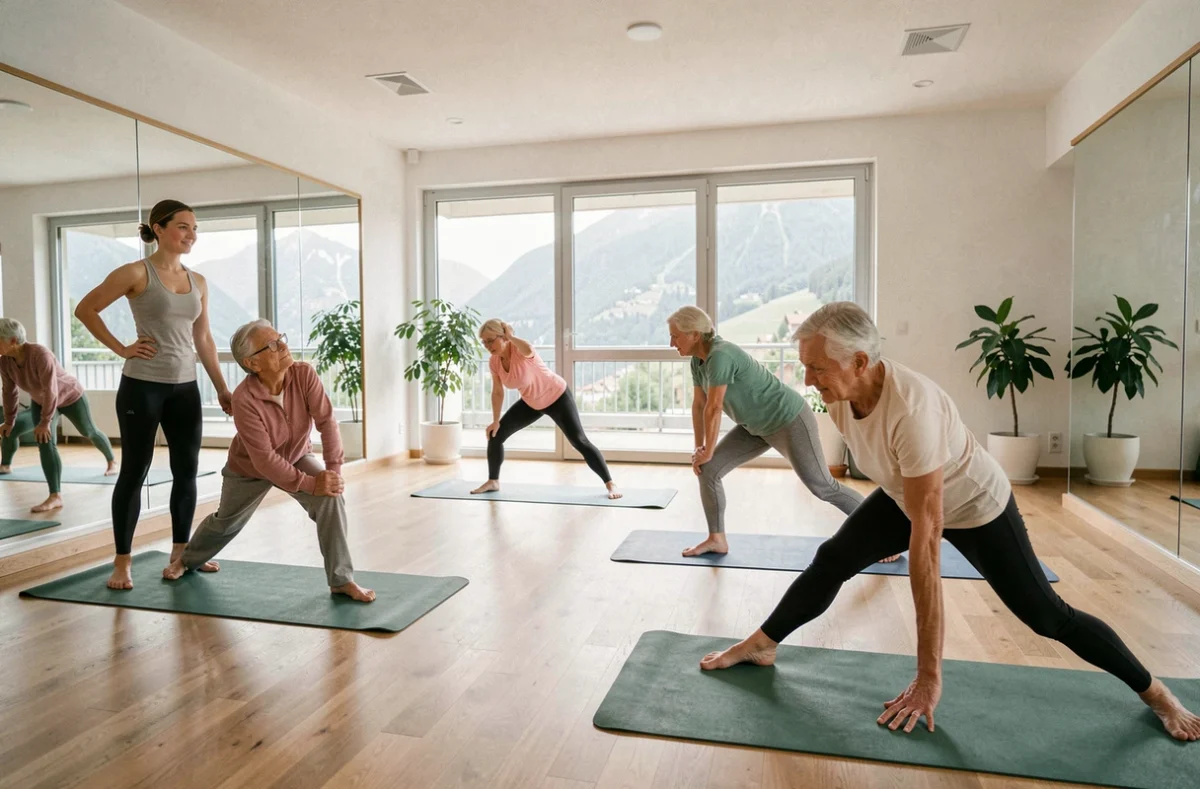 Cours de yoga pour seniors dans la salle de bien-être de la résidence Les Jardins d'Arcadie Chambéry