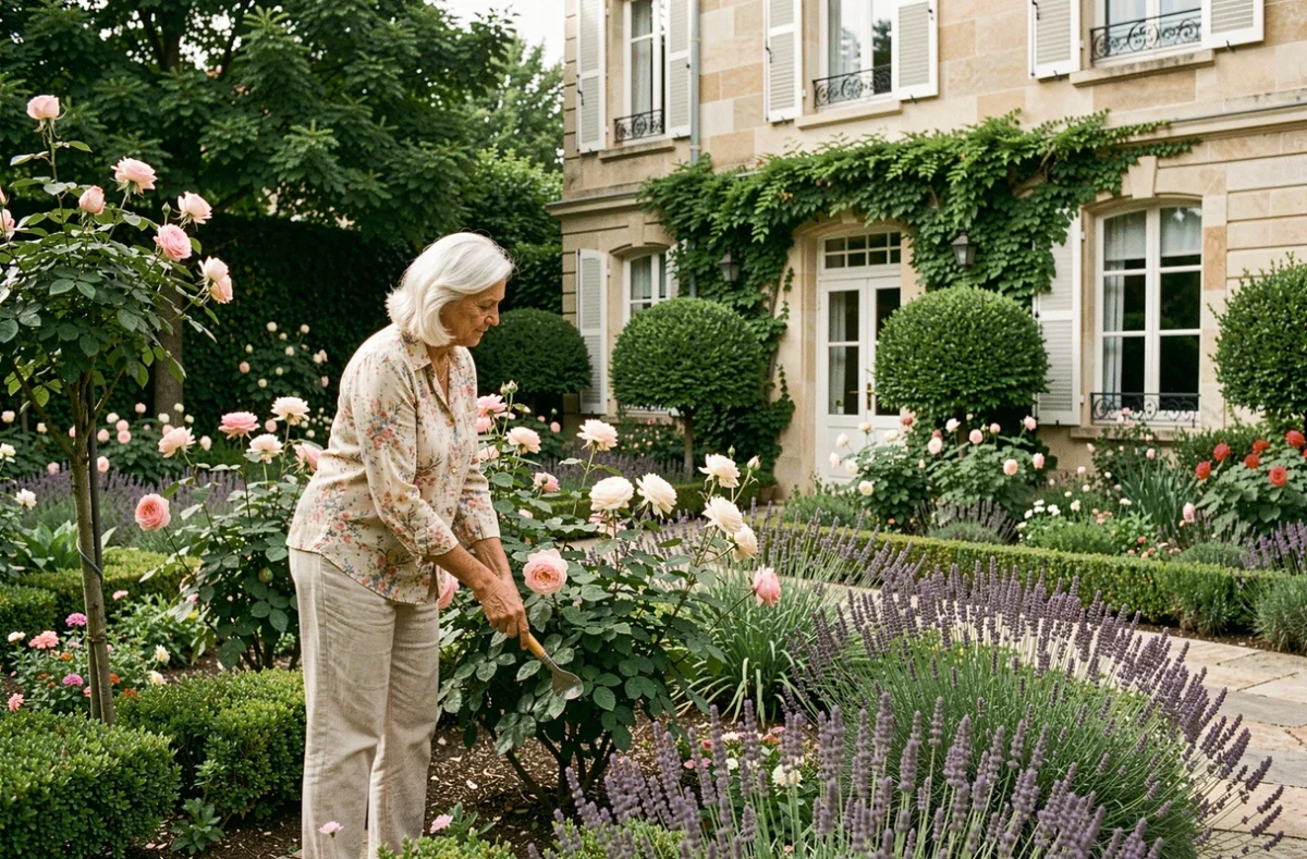 Résidente s'occupant du jardin fleuri de la résidence Les Jardins d'Arcadie Lyon