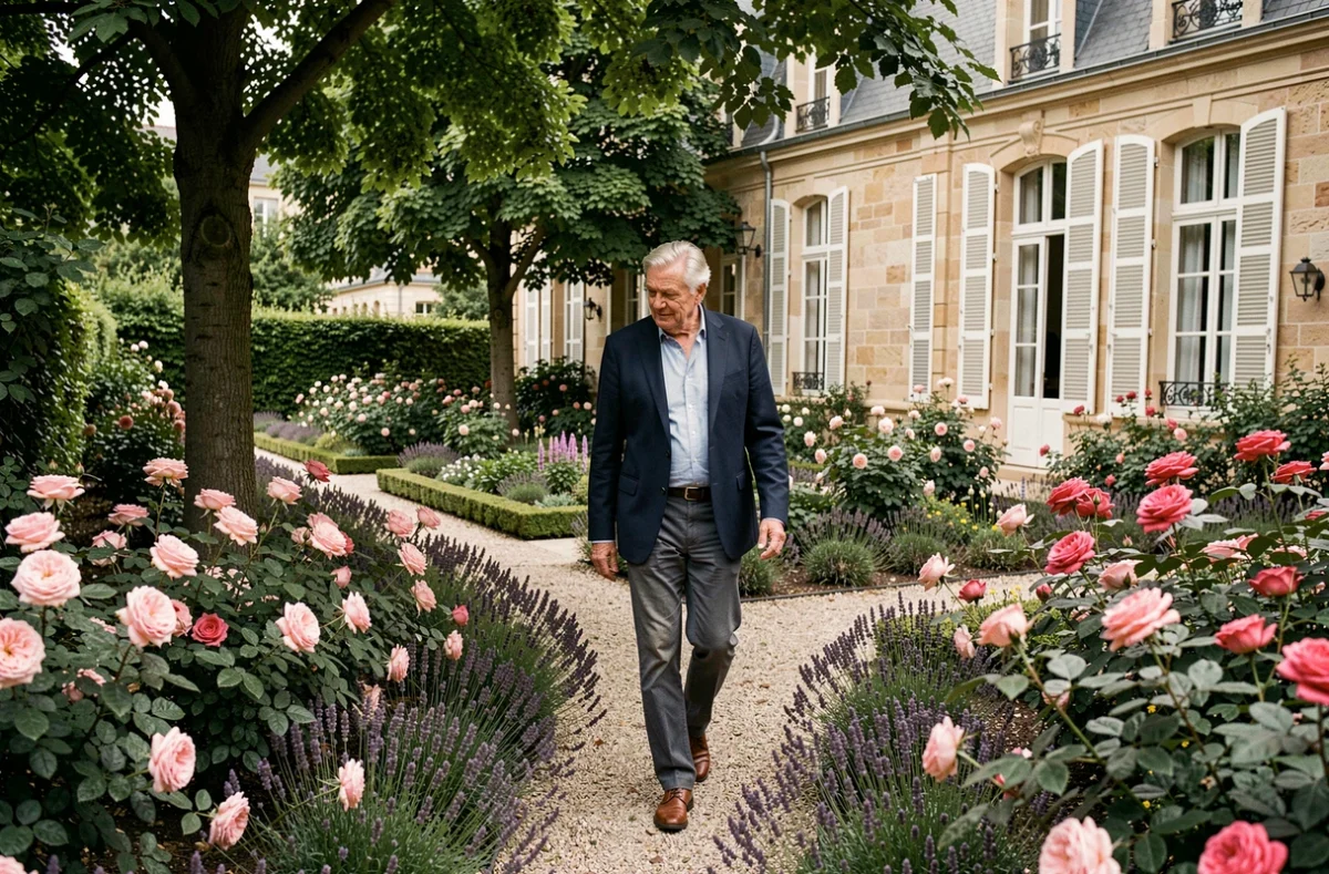 Senior se promenant dans le jardin fleuri de la résidence Les Jardins d'Arcadie Saint-Étienne