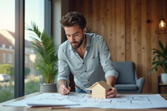 Jeune architect examinant plans de maison en bois dans un bureau moderne