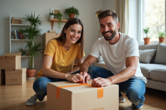 Jeune couple souriant préparant un déménagement dans un salon organisé