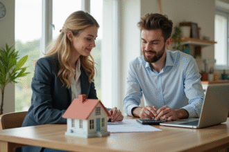 Jeune couple en business dans une cuisine moderne avec documents immobiliers