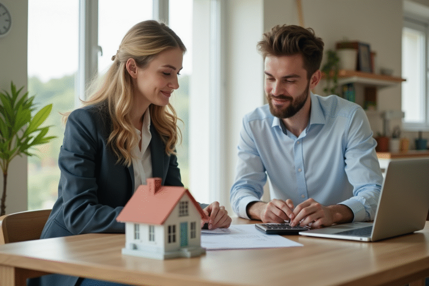 Jeune couple en business dans une cuisine moderne avec documents immobiliers
