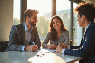 Jeune couple souriant signant un contrat de location dans un bureau lumineux