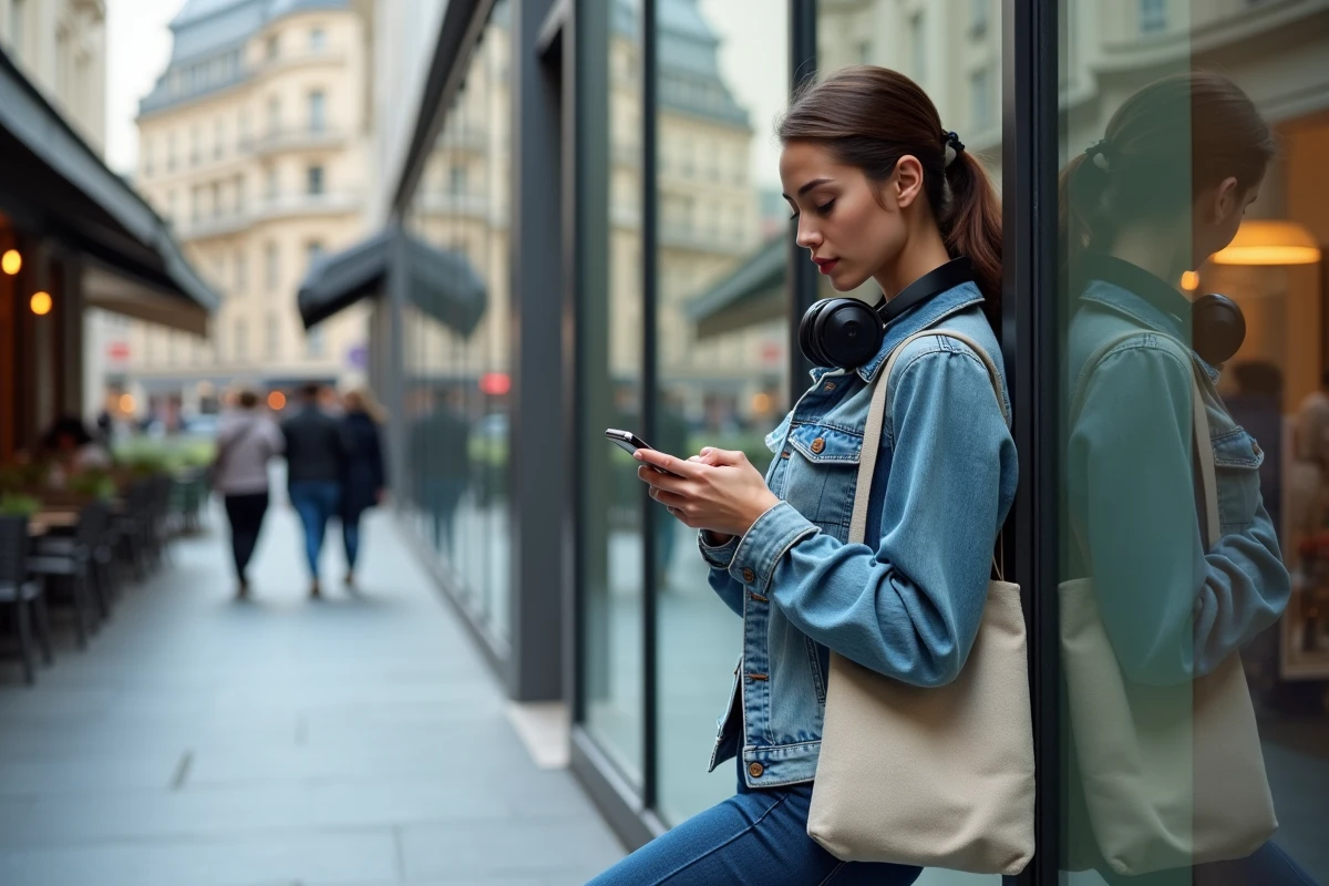Jeune femme moderne avec smartphone devant un bâtiment contemporain